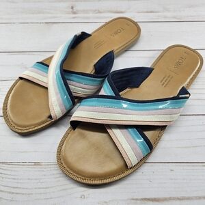 Toms Viv Blue Multi Striped Canvas Crossover Slide Bohemian Flat Sandals Size 8‎